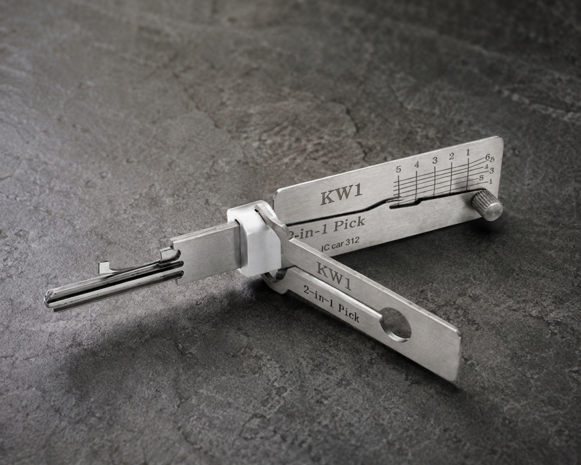 KW1 2-in-1 pick and decoder tool on stone surface