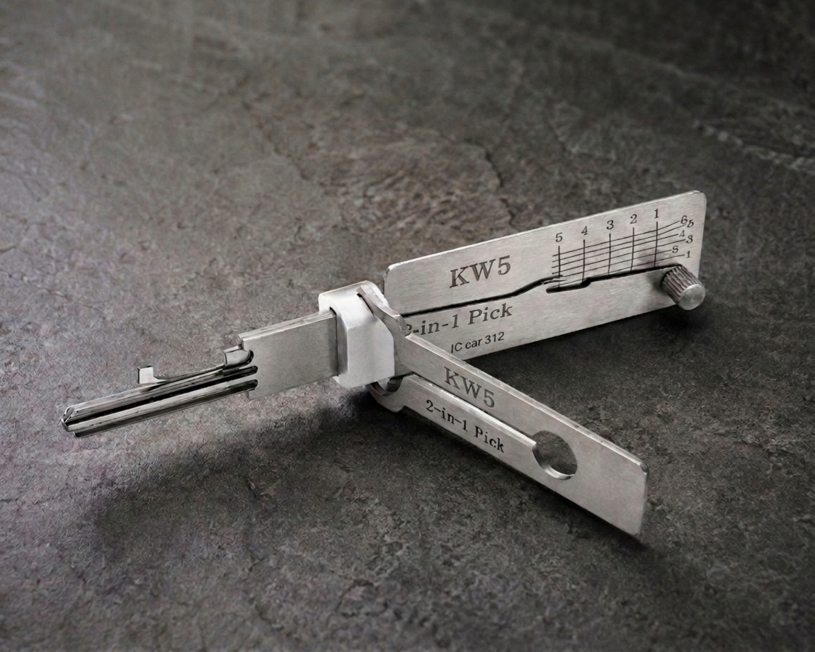 KW5 2-in-1 pick and decoder tool on stone surface