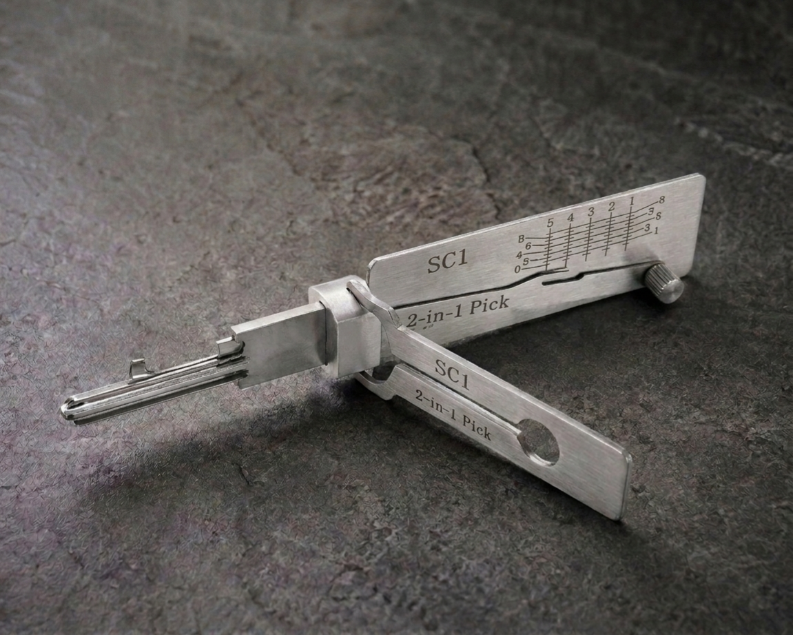 SC1 2-in-1 pick and decoder tool on stone surface