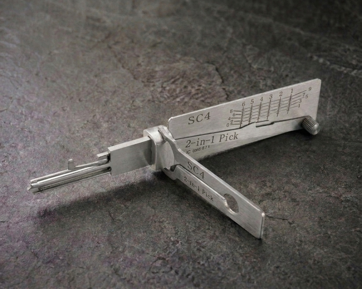 SC4 2-in-1 pick and decoder tool on stone surface