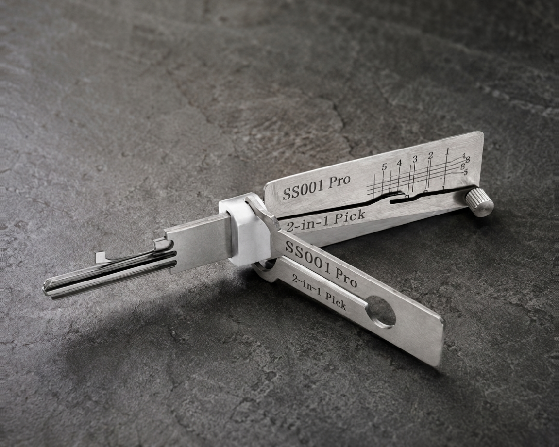 SS001PRO 2-in-1 pick and decoder tool on stone surface