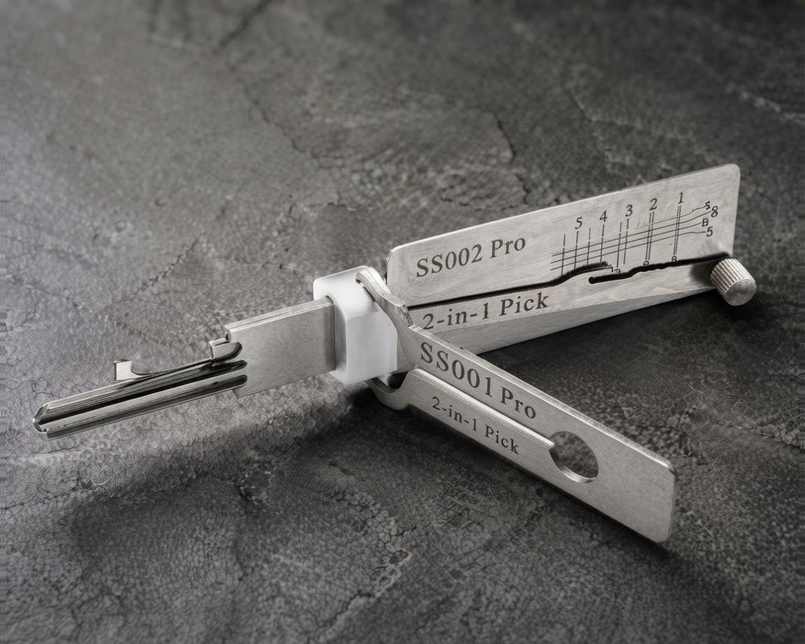SS002PRO 2-in-1 pick and decoder tool on stone surface